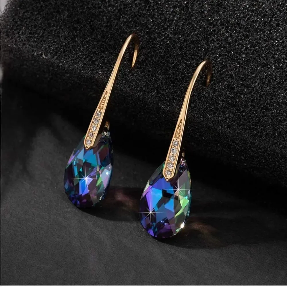 14K Yellow Gold with Rainbow Topaz Austrian Crystal Teardrop Drop Hook Earrings